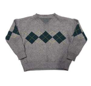 Vintage Gray V-Neck Argyle Pattern Pullover Cotton Sweater